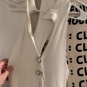 Nana Jacqueline Elegant White Ribbed Top with Rhinestone Buttons